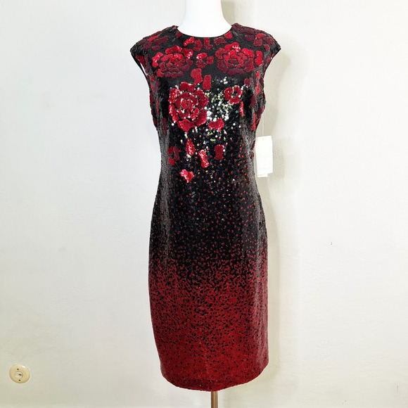 Eliza J Dresses & Skirts - Eliza J Sheath Dress Rose Allover Sequin Ombre Size 6 Black Red Floral New